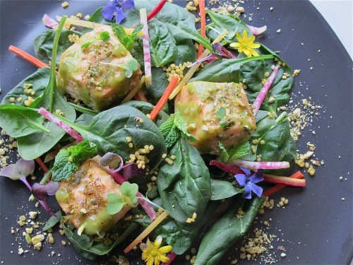 Spring Salmon Brochette Salad with Minted Lime Dressing, Toasted Quinoa and Pistachios