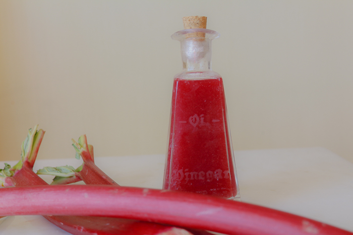 Home Made Rhubarb Vinegar stored in a vintage crystal flask