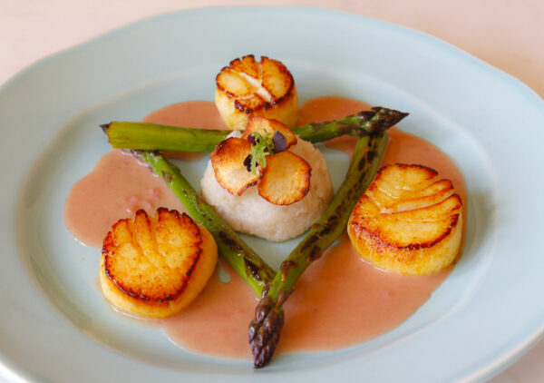 Scallops with Home Made Rhubarb Vinegar Butter Sauce
