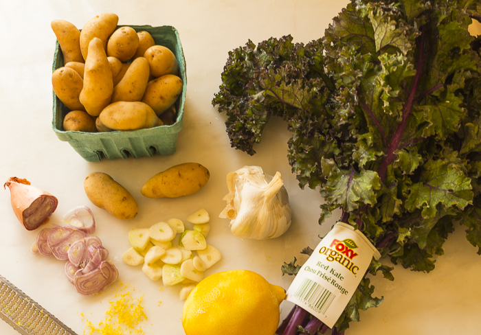 The ingredients: fingerlings, curly kale, garlic, shallots and lemon rind 