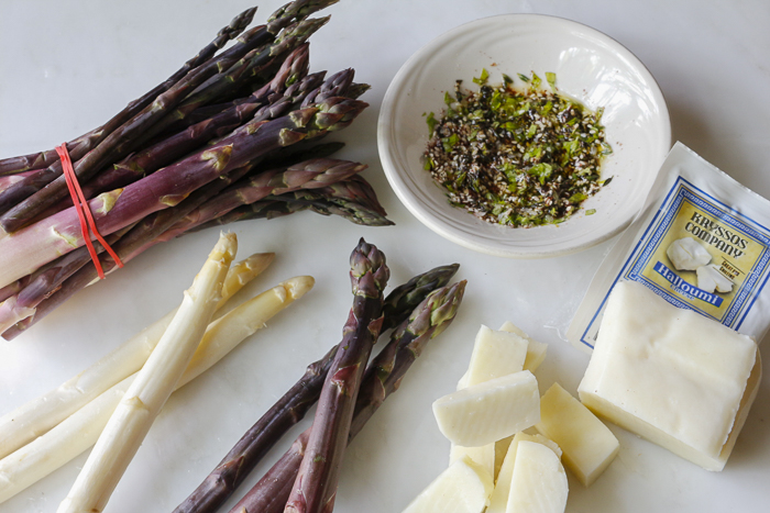 Wonderful Spring Asparagus - Purple and White gets skewered and grilled with chunks of Halloumi Cheese - Za'atar adds flavor!