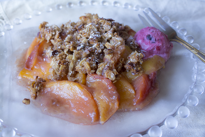 Summer Peaches with an Oat, Pecan and Coconut Crumble - I serve with my Vegan Bing Cherry Ice Cream