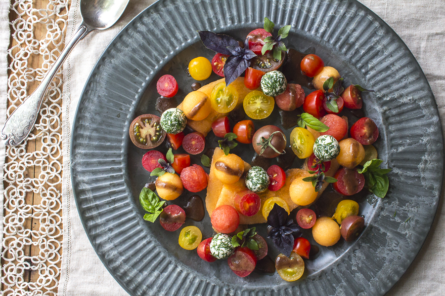 Heirloom Tomato and Melon Salad with Goat Cheese and a Date – Balsamic Dressing