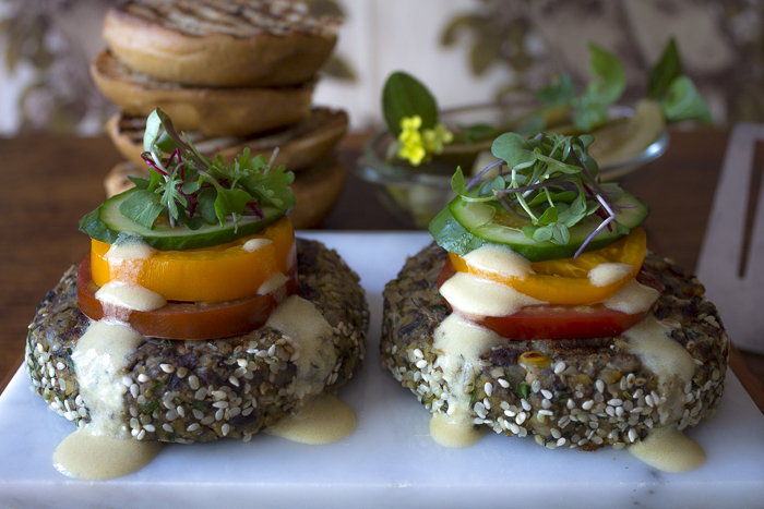 The burger is a blend of Portobello Mushrooms, Brown Rice, Chickpeas with Vegetables and Spices