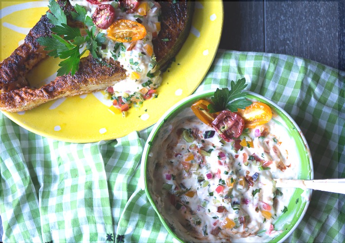Modern Creole Tartar Sauce with Roasted Tomatoes over Grilled Salmon