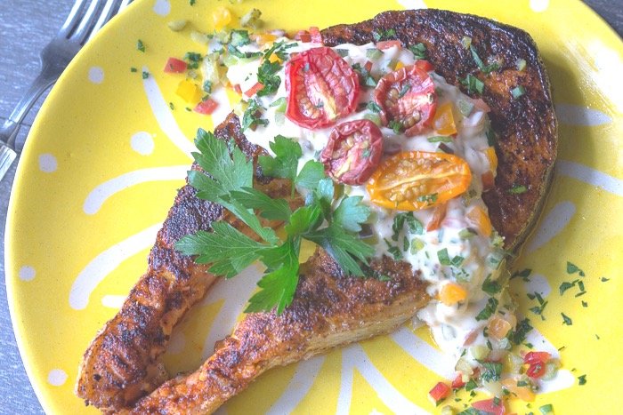 Modern Creole Tartar Sauce with Roasted Tomatoes over Grilled Salmon