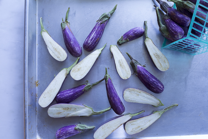 Organic "fairytale" eggplant are simply roasted, and placed on top of the quiche before baking