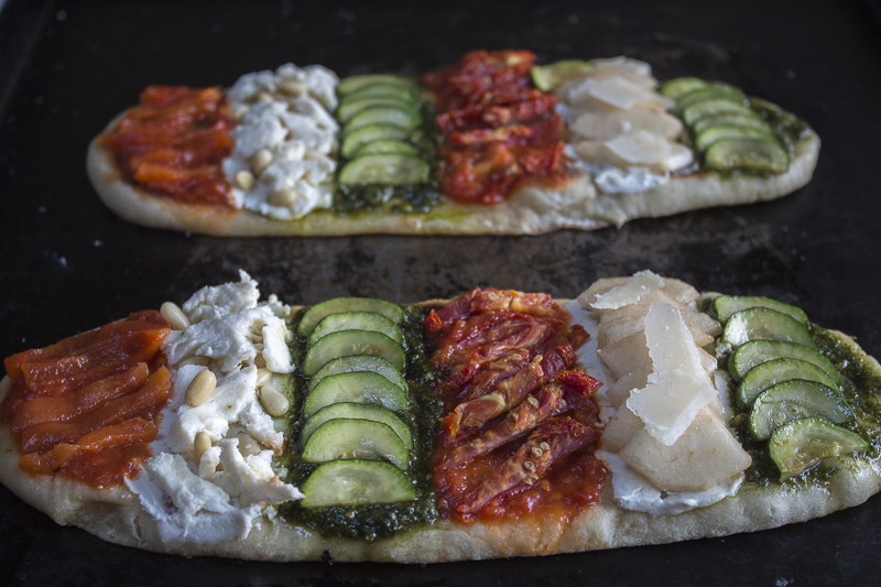 Gorgeous Naan Pizzas, ready to go into the oven