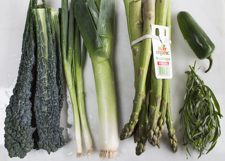 Kale, scallions, leeks, asparagus, jalapeño and tarragon for the risotto