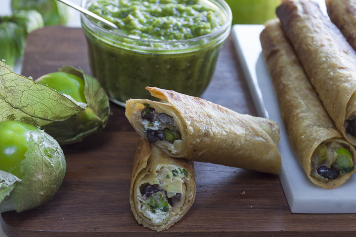Asparagus, Apple, Black Bean and Goat Cheese Taquitos with Salsa Verde