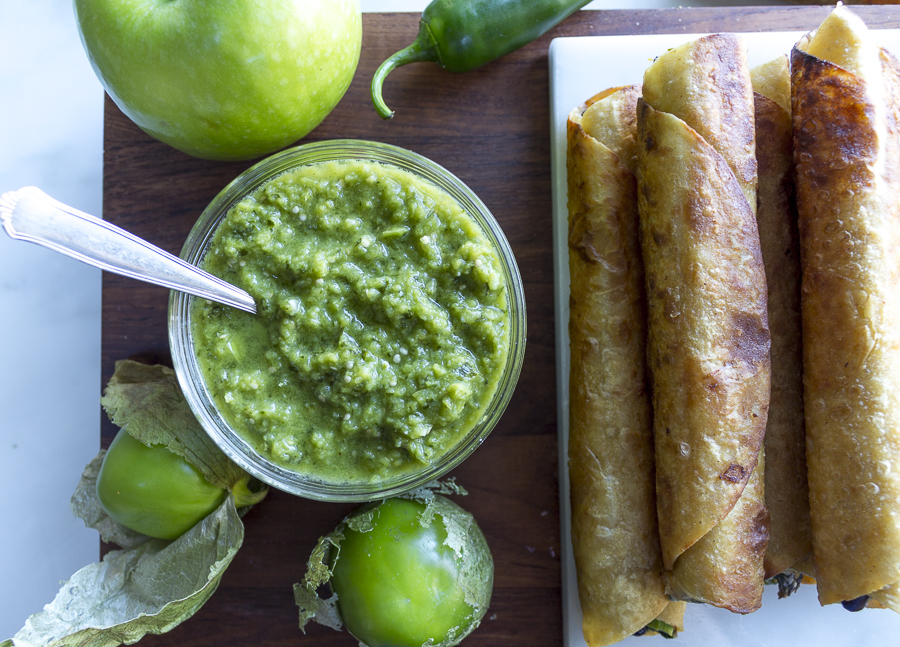 Crispy filled and rolled Vegetarian Taquitos with a Zesty Salsa Verde 