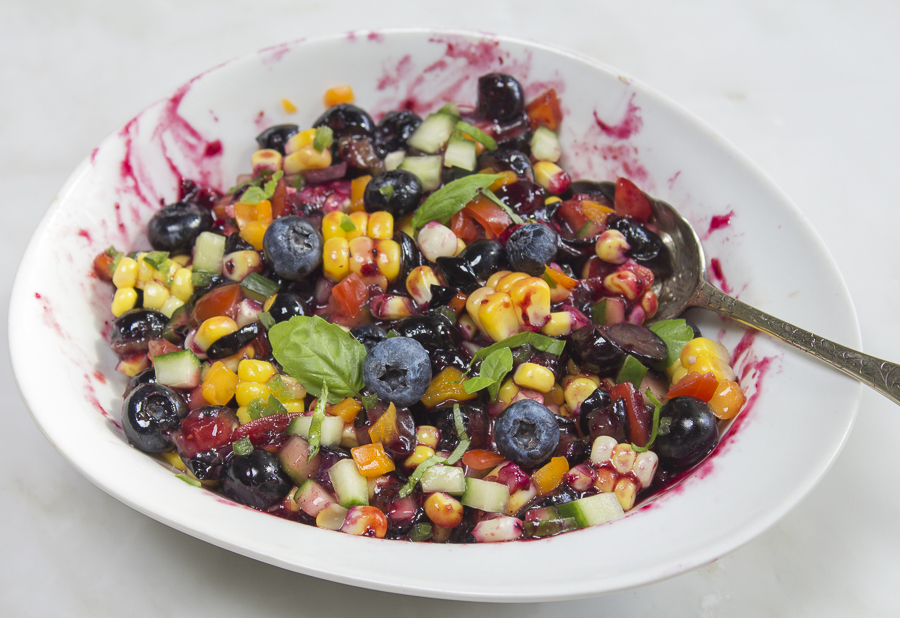 Quick and colorful Blueberry Salsa with fresh corn, tomatoes and cucumbers