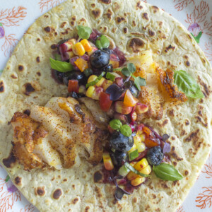 Grilled Halibut with Blueberry Salsa over a Corn Tortilla