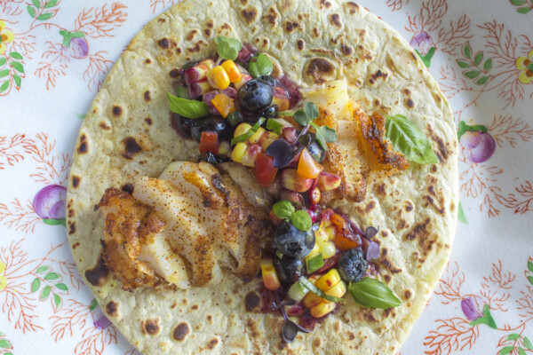 Grilled Halibut with Blueberry Salsa over a Corn Tortilla