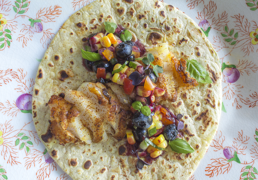 Grilled Halibut with Blueberry Salsa over a Corn Tortilla
