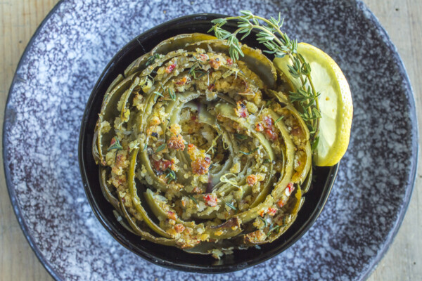Spring Artichokes with Southern Spiced Cornbread Crumbs in a vintage bowl