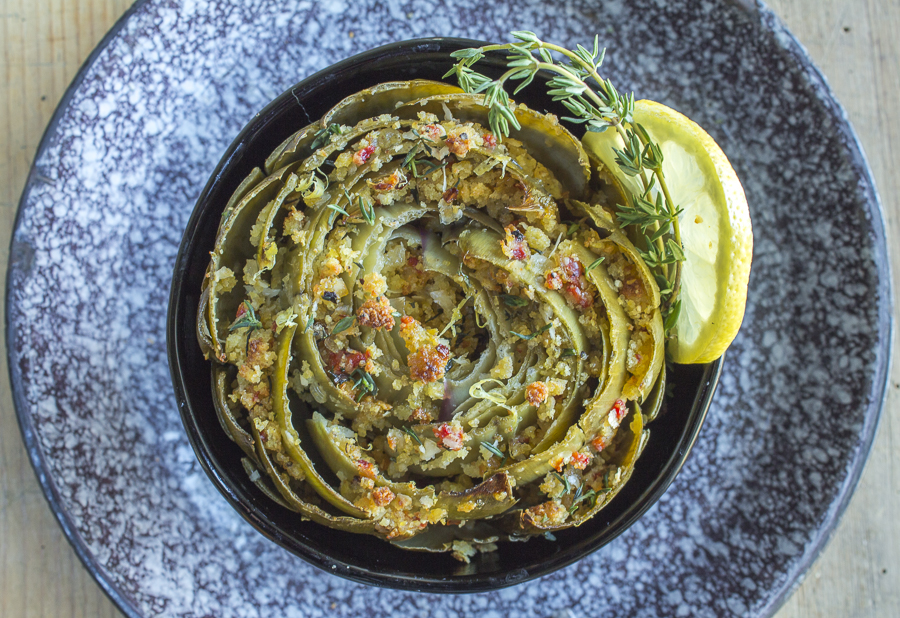 Spring Artichokes with Southern Spiced Cornbread Crumbs in a vintage bowl