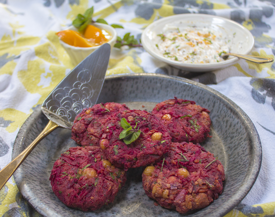 Beet and Chickpea Cakes with Mint and Lemon Zest