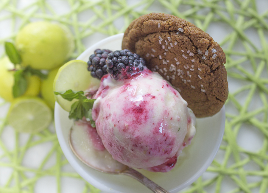 Key Lime Frozen Yogurt with a Blackberry Swirl, Blackberries and a Crackled Ginger Cookie