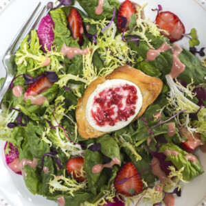 Spinach & Frisee Salad with French Baguette topped with Goat Cheese and Strawberry Swirl