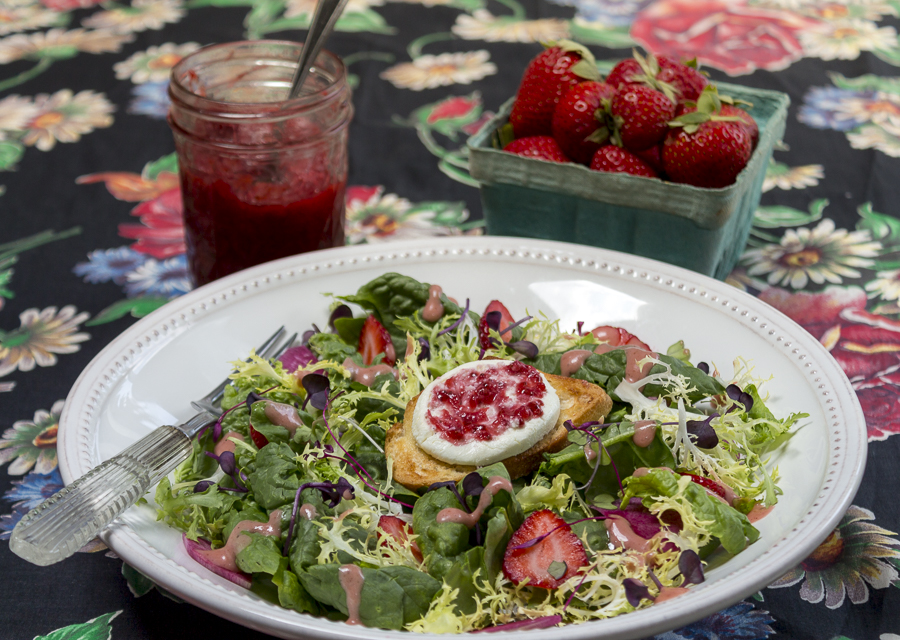 Spinach & Frisee Salad with French Baguette topped with Goat Cheese and Strawberry Swirl