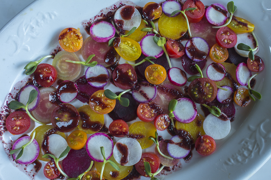 Summer's favorite vegetables with a Beet Green Vinaigrette 