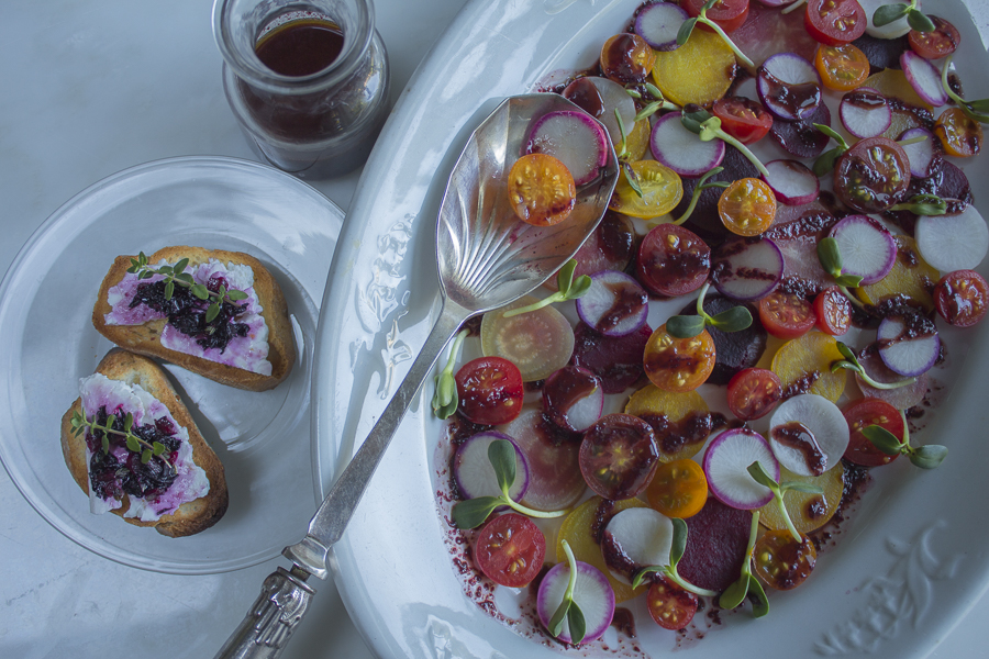 A simple, lovely salad served with Crostini and Beet Green Vinaigrette