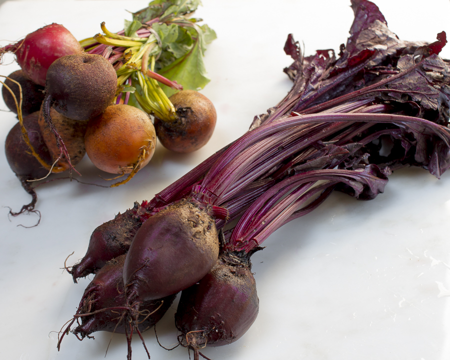 Bull's Blood heirloom variety (front) and a colorful bunch of beets from a farmers' market