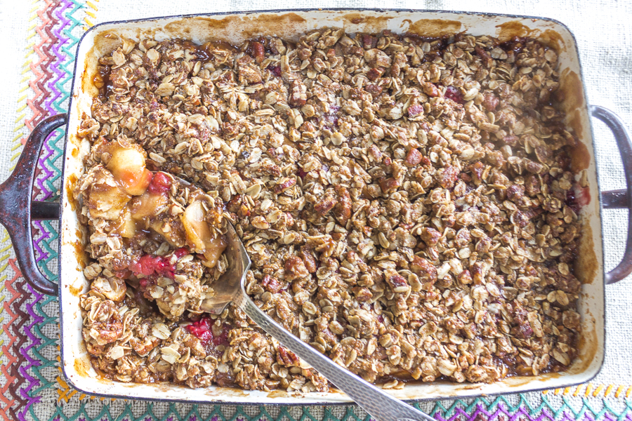 This easy to prepare fall dessert is bursting with harvest flavors: fruit is blanketed with a crisp cinnamon, pecan and oat layer. Vegan, gluten-free and irresistible!