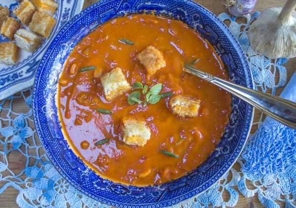 Rustic Tomato Soup with extra garlic and grilled cheese croutons