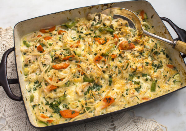 Your Go-To Recipe After Thanksgiving! Leftover Turkey and Vegetables are tossed together and baked into a hearty main course casserole. Lightened-up and delicious!