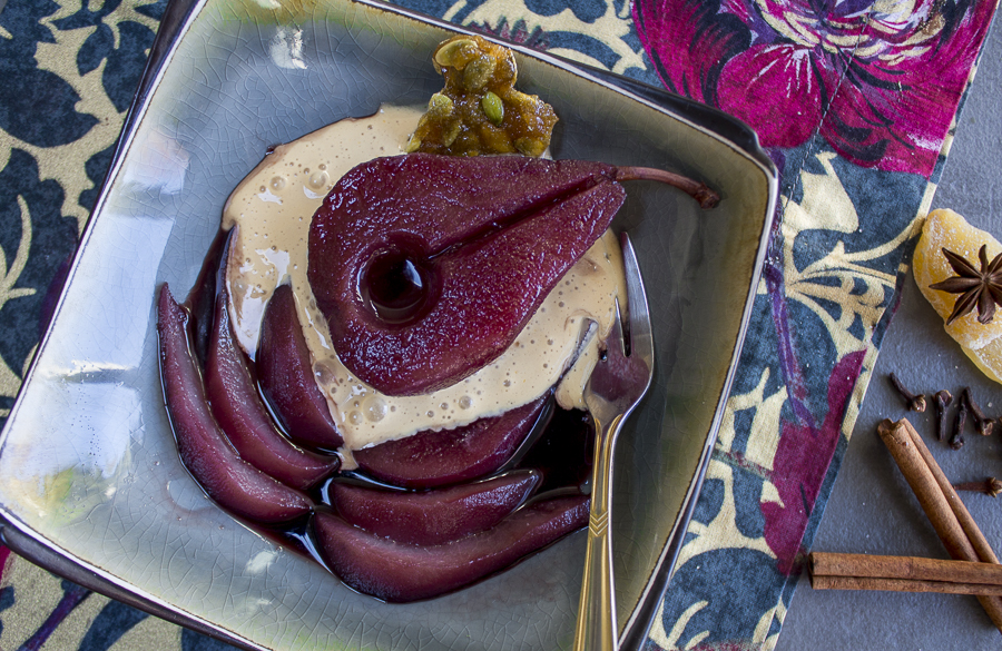 Poached Pears in Spiced Red Wine and Pomegranate Juice with Caramel Zabaglione