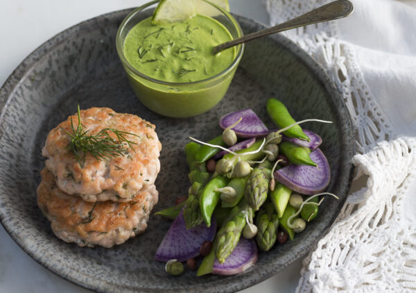 Wasabi, Lime and Dill flavor these simple Salmon Cakes. Without breadcrumbs- and they hold together beautifully. A perfect light dinner or healthy lunch. Gluten-free. Serve with my Green Goddess Dressing and Spring Vegetables.