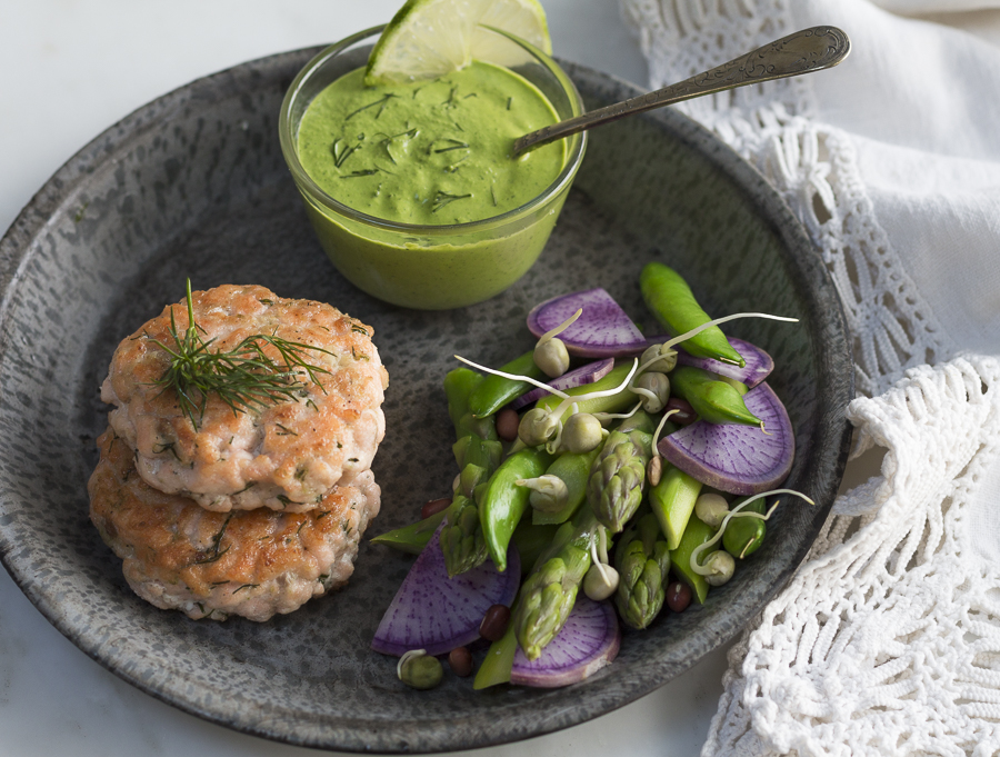 Wasabi, Lime and Dill flavor these simple Salmon Cakes. Without breadcrumbs- and they hold together beautifully. A perfect light dinner or healthy lunch. Gluten-free. Serve with my Green Goddess Dressing and Spring Vegetables.
