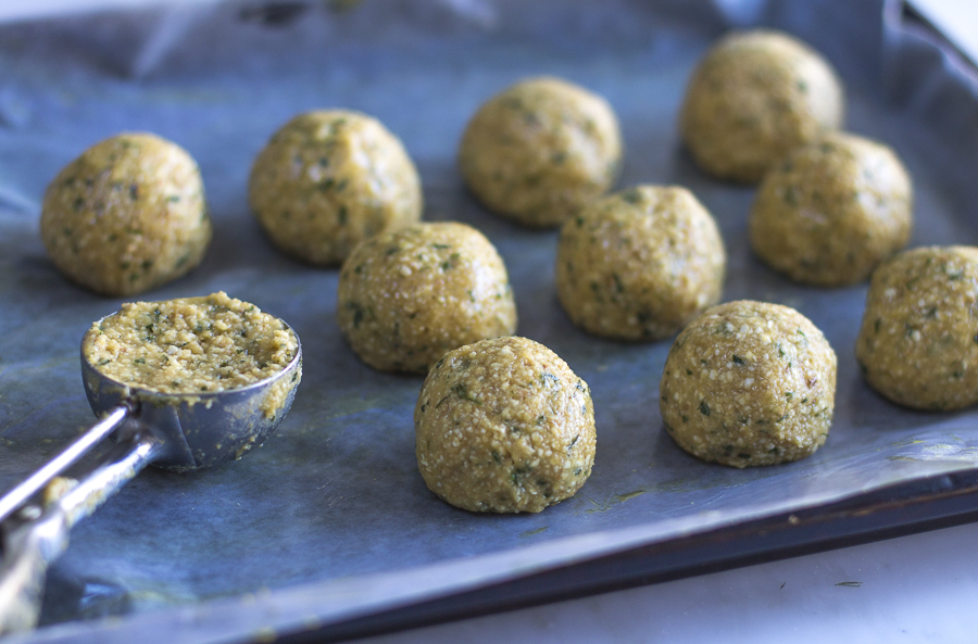 Making Gluten Free Matzo Balls: Scoop the matzo balls for poaching; use an ice cream scoop for uniform size