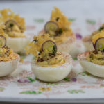 Deviled Eggs with Purple Scallions and Crisp Cheese Frico