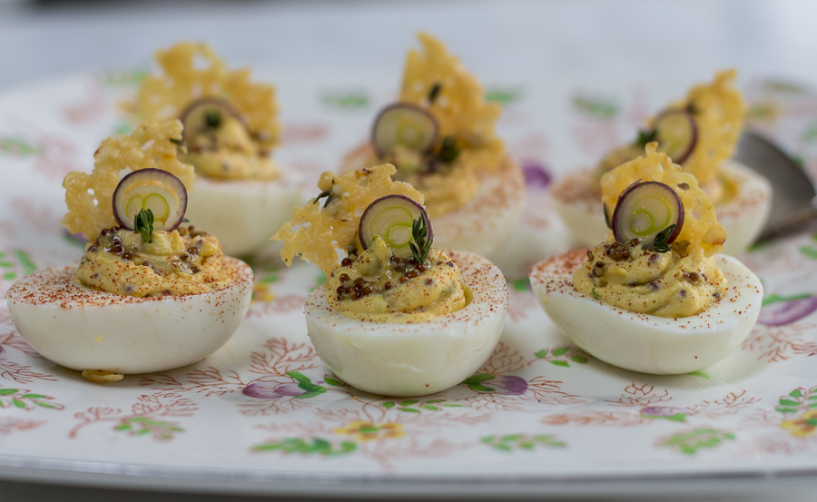 Deviled Eggs with Purple Scallions and Crisp Cheese Frico