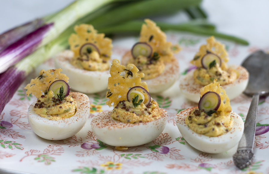 My Favorite Deviled Eggs: Grainy Mustard, Purple Scallions, Thyme and a Crisp and Lacy Baked Cheese Frico Makes Them Pungent and Zesty