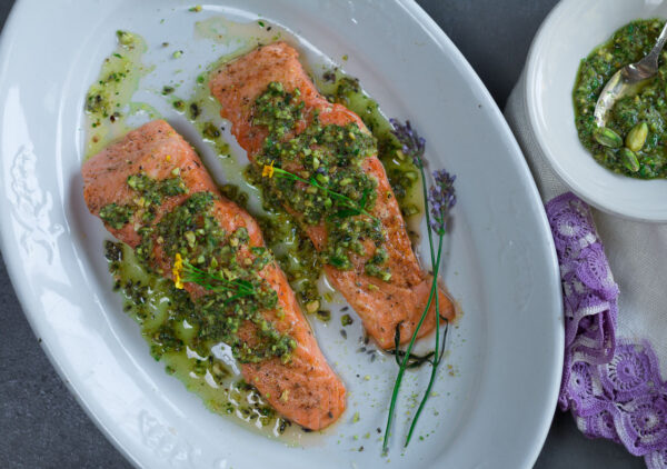 Cedar Planked Salmon with an easy-to prepare Planked Salmon with Pistachio-Tarragon & Lavender Gremolata Pistachio Planked Salmon with Pistachio-Tarragon & Lavender Gremolata smothered on top