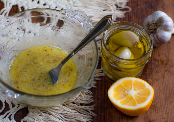 A Zesty-Lemony Vinaigrette with mellow Garlic Confit ~ softened Garlic and Oil