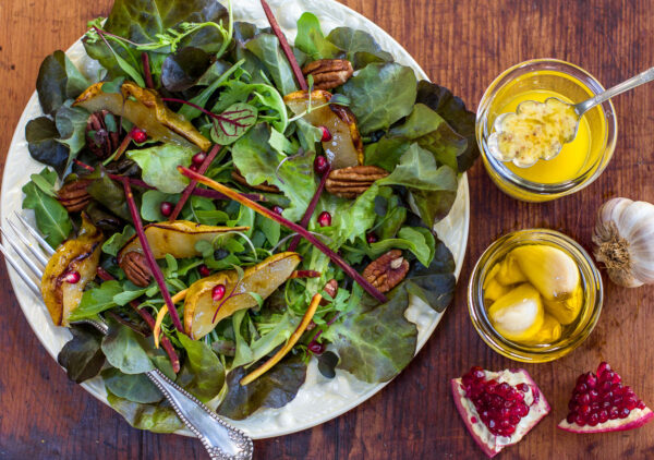 Fall Salad with Pears, Pomegranate Seeds and Zesty Garlic