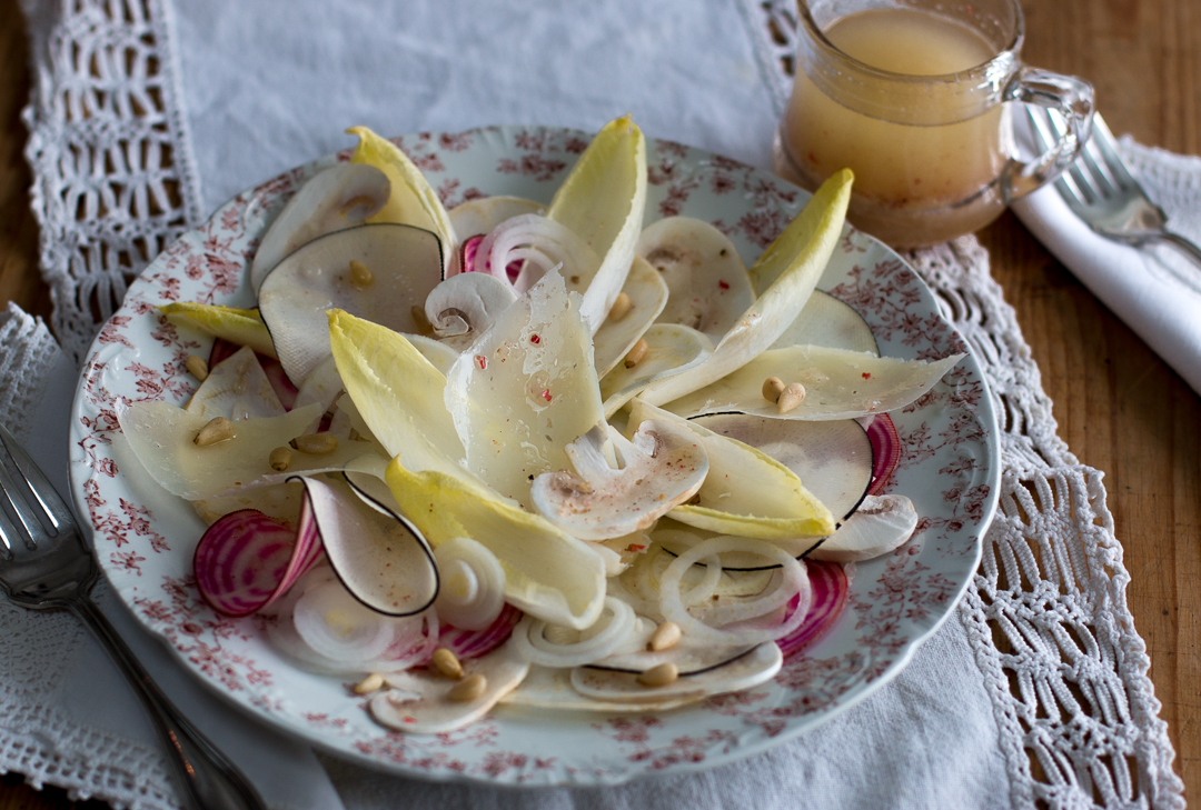 A beautiful, crispy and crunchy salad with Winter-White Vegetables. Chioggia Beets add a touch of crimson color, as does the rind of the Pears and Black Radish.