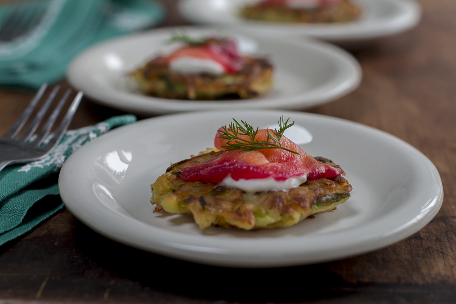 Karen’s Beet Cured Gravlax on a Latke for the holidays and beyond!