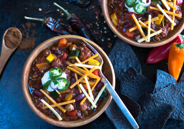 A hearty bowl of Chili with extra vegetables, plenty of chipotles and homemade Chili Powder for the ultimate flavor.