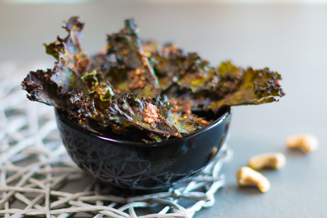 Spicy Red Kale Chips with Cashews and Miso