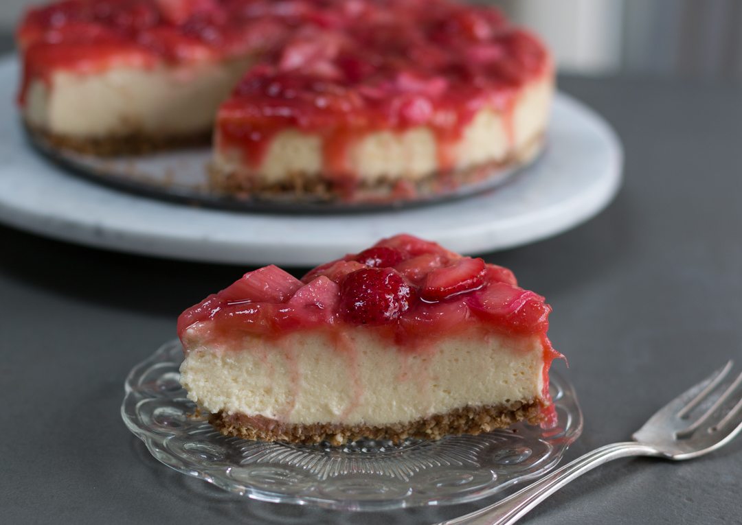 Strawberry Rhubarb Cottage Cheese Cheesecake with an Oat & Almond Press In Crust – Gluten Free