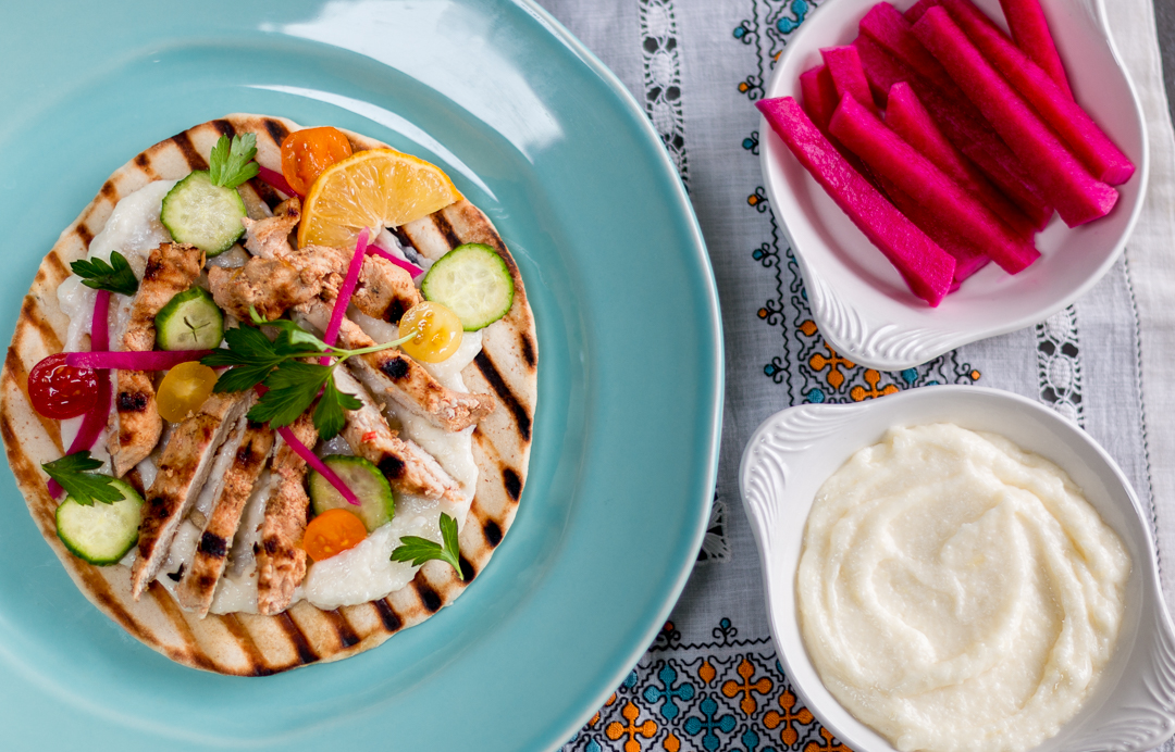 Grilled Lebanese Chicken with Garlic Sauce and Pickled Turnips