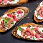 Rhubarb & Goat Cheese Bruschetta Over a Salad with Rhubarb & Shallot Vinaigrette