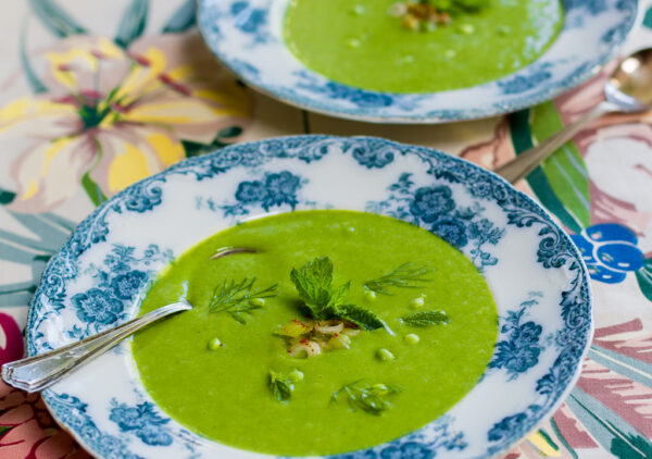 Spring Minty Pea Soup with Scallion Kimchee in vintage blue & white bowl