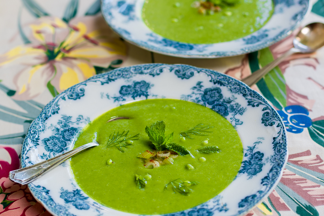 Spring Minty Pea Soup with Scallion Kimchee in vintage blue & white bowl 